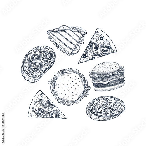 Hand drawn fast food set. Pizza, italian bruschetta, burger, sandwich. Vector illustration