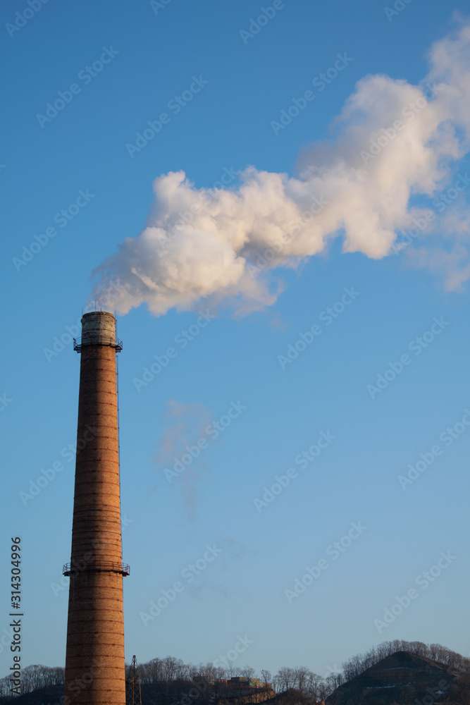 Brick tall pipe with thick smoke on the background of the blue sky and forest. Environmental pollution, ecology. Vertical orientation
