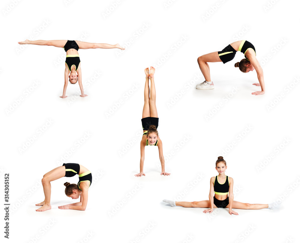 Collection of photos flexible cute little girl child gymnast doing acrobatic exercise isolated - obrazy, fototapety, plakaty 