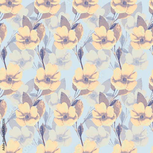 Abstract hand-drawn flowers and leaves on a pastel blue background.Pattern for fabric,invitations, wrapping paper, cards and other materials. Elegant botanical ornament.