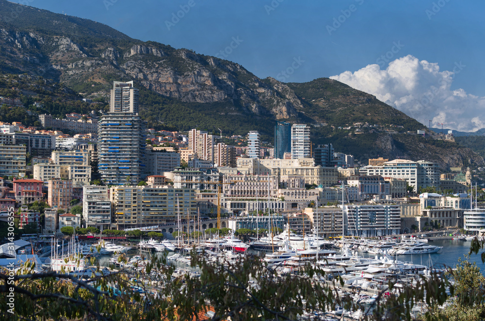 Aerial Panorama of Port Hercules, megayachts, big boat, view from Princes Palace of Monaco