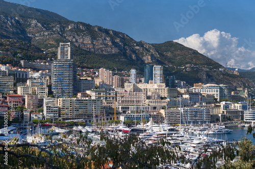 Aerial Panorama of Port Hercules, megayachts, big boat, view from Princes Palace of Monaco © analeo