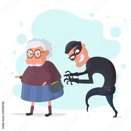 Thief and Senior Woman. The thief stole a handbag from an old woman. The concept of fraud, robbery. Cartoon flat vector illustration.