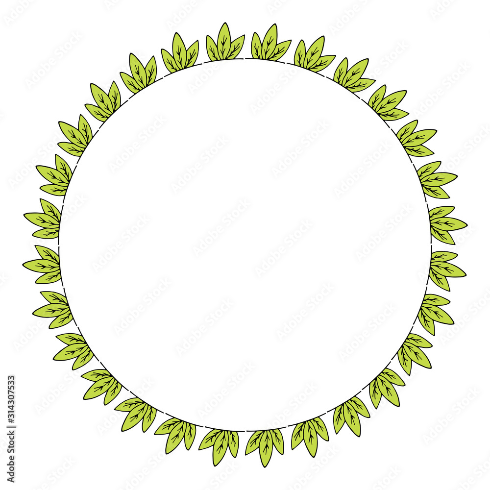 Round frame with bright green leaves. Isolated wreath on white background for your design Round frame with bright green leaves. Isolated wreath on white background for your design