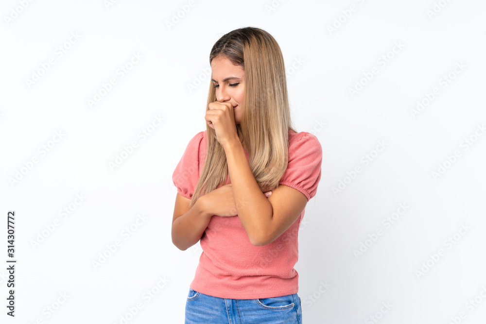 Young blonde woman over isolated white background is suffering with cough and feeling bad Young blonde woman over isolated white background is suffering with cough and feeling bad