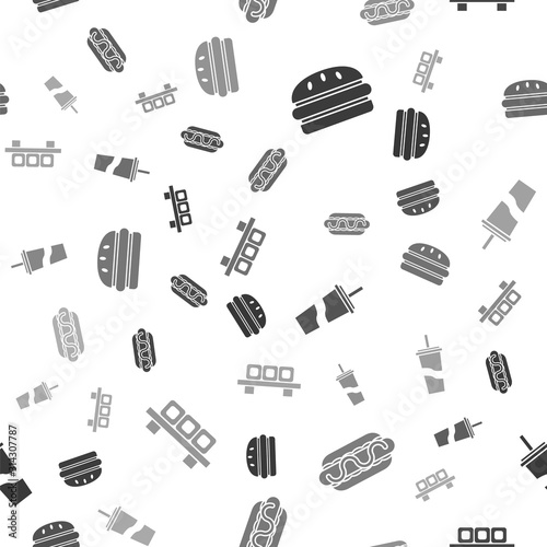 Set Burger, Hotdog sandwich with mustard, Paper glass with drinking straw and water and Sushi on cutting board on seamless pattern. Vector