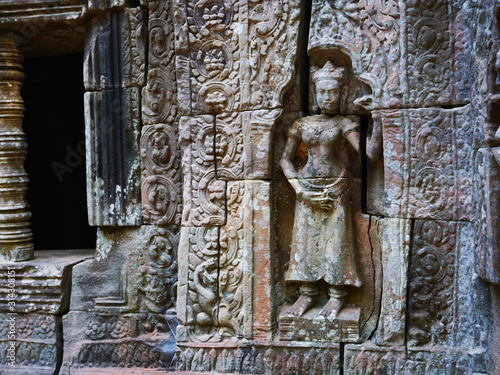 Stone rock carving art at Ta Som temple in Angkor Wat complex, Siem Reap Cambodia.