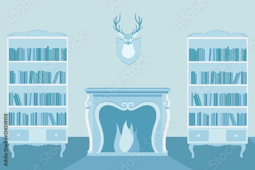 Living room with bookshelves and fireplace. Vector illustration