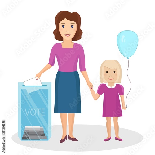 Woman vote at transparent ballot box. Mother brought his daughter to the polling station. Vector illustration