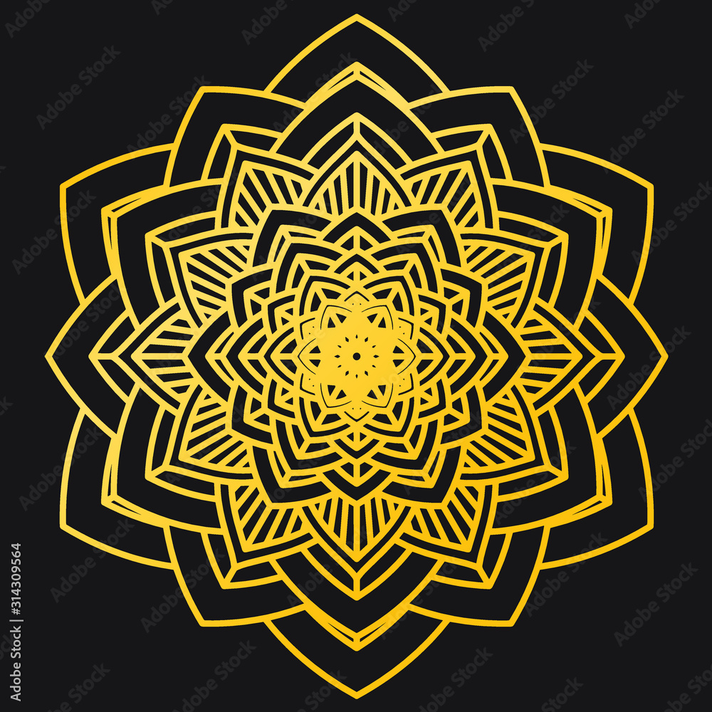 Abstract Petals Leaf Mandala Gold Line On Black Background. Vector Illustration Abstract Petals Leaf Mandala Gold Line On Black Background. Vector Illustration