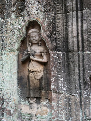 Stone rock carving art at Ta Som temple in Angkor Wat complex  Siem Reap Cambodia.