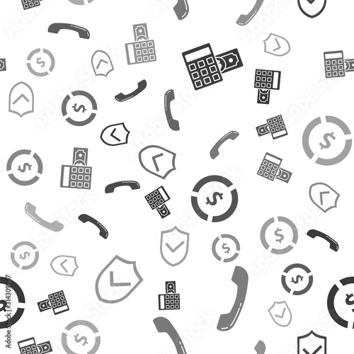 Set Calculator with dollar symbol, Telephone handset, Coin money with dollar symbol and Shield with check mark on seamless pattern. Vector