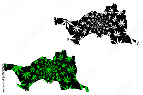 Atyrau Region (Republic of Kazakhstan, Regions of Kazakhstan) map is designed cannabis leaf green and black, Atyrau map made of marijuana (marihuana,THC) foliage.... photo