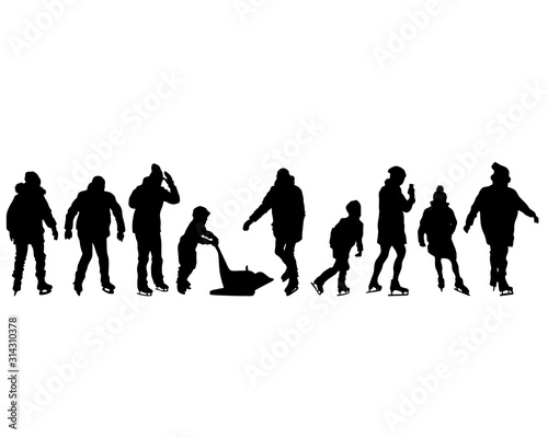 Children and adults ice skate. Isolated silhouettes of people on a white background