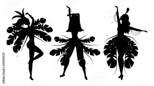 Set of silhouettes of Brazilian samba dancers. Carnival girls are wearing a festival costume and dancing.Flat style. Vector illustration