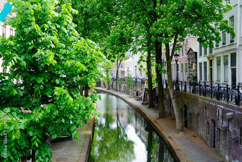 Beautiful canal view with trees on both sides in Utrecht, Netherlands
