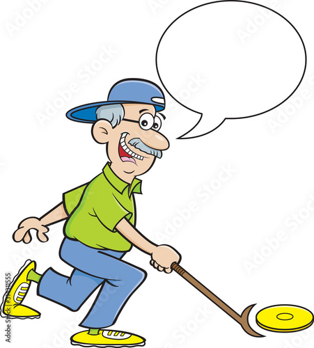 Cartoon illustration of a senior citizen playing shuffleboard with a caption balloon.