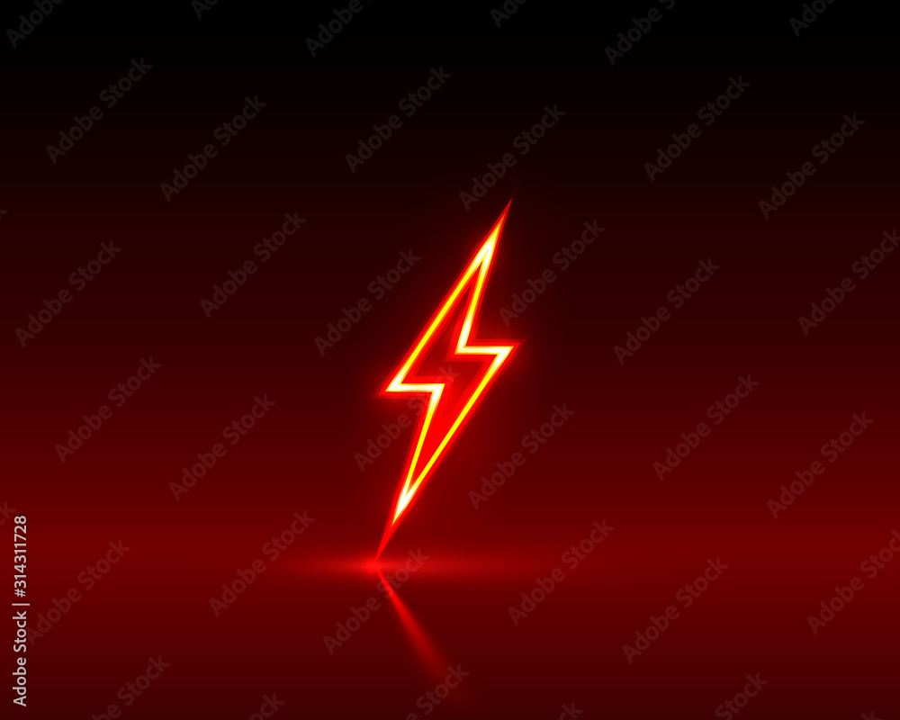 Neon sign of lightning signboard on the red background.