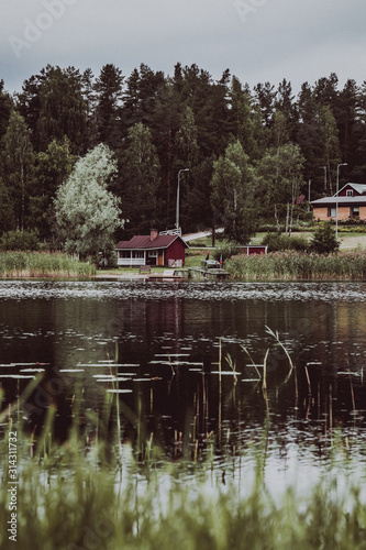 wooden building on the lake shore near autumn pine forrest