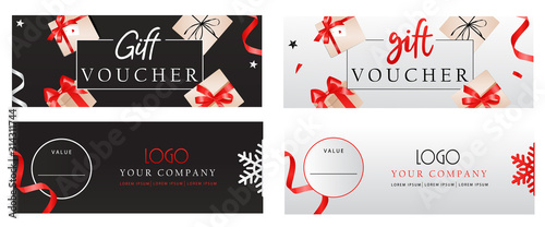 Set of luxury gift vouchers templates with bows, gift boxes and place for text and logo. Elegant template for holiday gift card, coupon and certificate. Flat style. Vector illustration