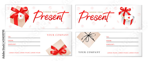 Set of luxury gift vouchers templates with Choose Your Present sign, gift boxes with ribbons and bows, place for text and logo. Template for holiday gift card and certificate. Flat Vector illustration