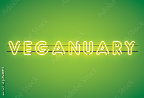 Veganuary neon florescent vegan message on a green background