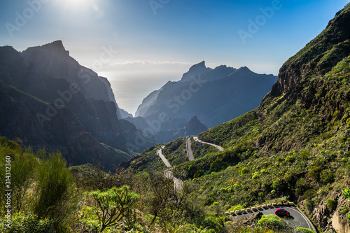 Obraz na płótnie Spain, Tenerife, Twisting adventurous mountain road alongside green mountains covered by cactus and aloe vera leading down masca canyon to mountain village w salonie