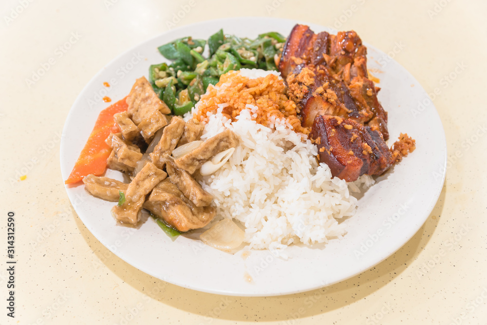 Traditional Chinese braised streaky belly pork, tofu and stir fry vegetables Traditional Chinese braised streaky belly pork, tofu and stir fry vegetables