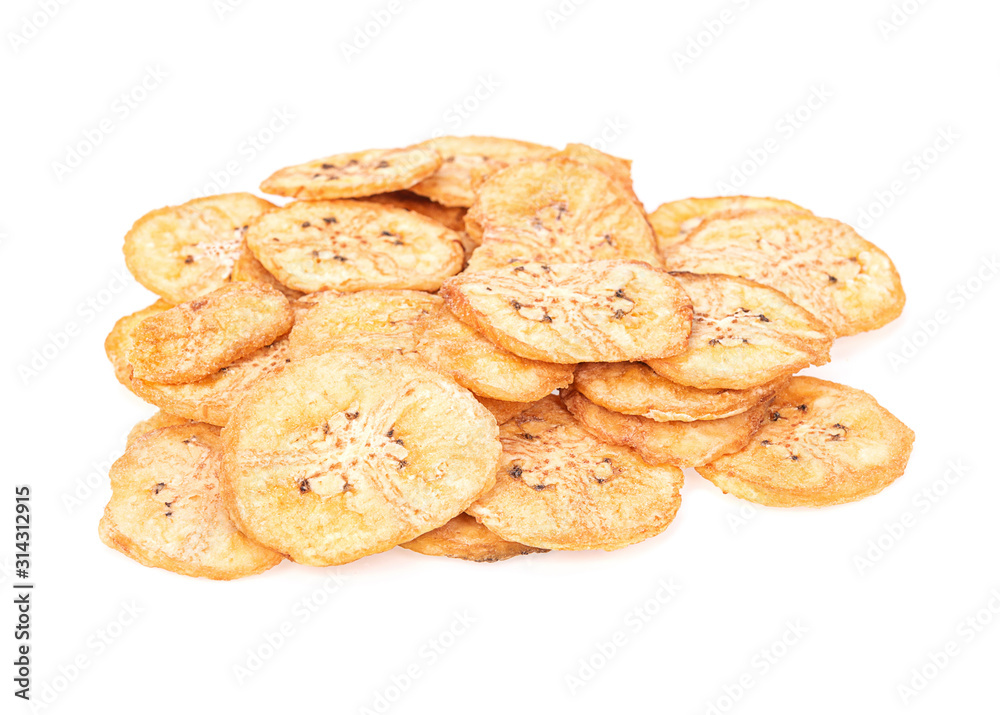 Banana crisps isolated on white background Banana crisps isolated on white background
