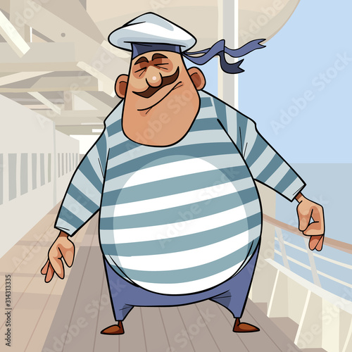 cartoon fat sailor in striped vest on ship deck