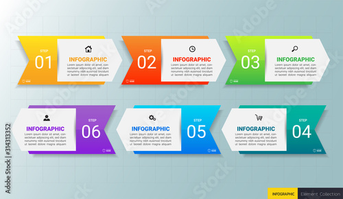 Infographics design template, Business concept with 6 steps or options, can be used for workflow layout, diagram, annual report, web design. Creative banner, label vector.