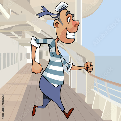 cartoon funny sailor in a striped vest runs along the deck of the ship