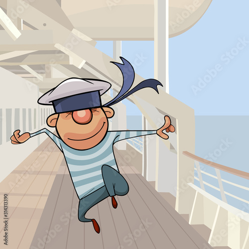 cartoon little sailor fun jumping on deck of ship