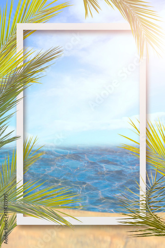 Fototapeta Naklejka Na Ścianę i Meble -  of sun light and leaf palm. Golden sand beach close-up, sea water, blue sky. Copy space, summer vacation concept
