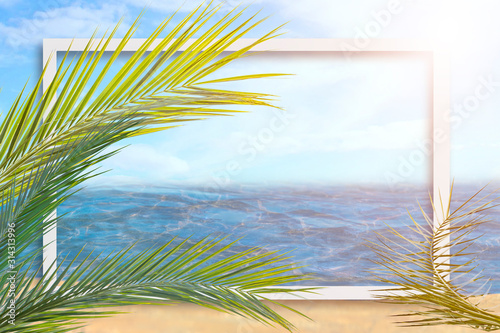of sun light and leaf palm. Golden sand beach close-up  sea water  blue sky. Copy space  summer vacation concept
