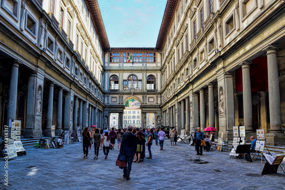 Florence, Italy - May 20, 2016 - Arcade of the Uffizi Gallery.