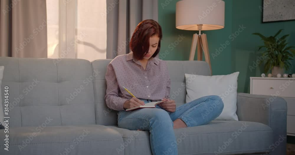 Young attractive woman with red hair siting on te couch in the cozy room at home and noting some plans in the notebook or writing a diary. Inside. Young attractive woman with red hair siting on te couch in the cozy room at home and noting some plans in the notebook or writing a diary. Inside.