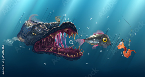 Predatory fish underwater, ancient shark vector illustration, fishing poster with pike over blue background, fishing live bait in river, deep sea landscape drawing.