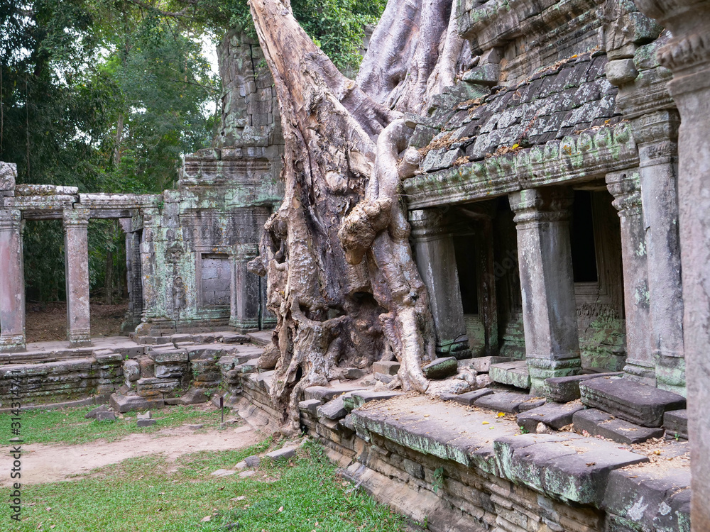 Landscape view of demolished stone architecture and aerial tree root at Preah Khan temple Angkor Wat complex, Siem Reap Cambodia. A popular tourist attraction nestled among rainforest. Landscape view of demolished stone architecture and aerial tree root at Preah Khan temple Angkor Wat complex, Siem Reap Cambodia. A popular tourist attraction nestled among rainforest.