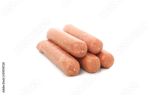 Delicious sausages isolated on white background, close up