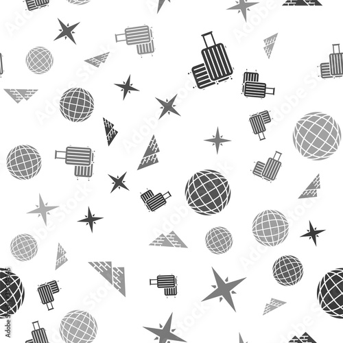 Set Suitcase for travel, Wind rose, Earth globe and Egypt pyramids on seamless pattern. Vector