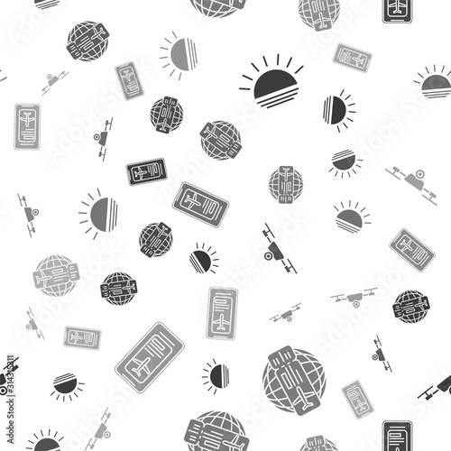 Set Sunset, Airline ticket, Drone flying with action video camera and Smartphone with electronic boarding pass airline ticket on seamless pattern. Vector