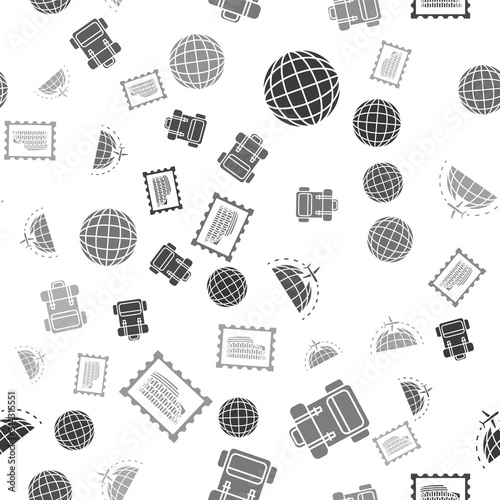 Set Earth globe, Hiking backpack, Globe with flying plane and Postal stamp and Coliseum on seamless pattern. Vector