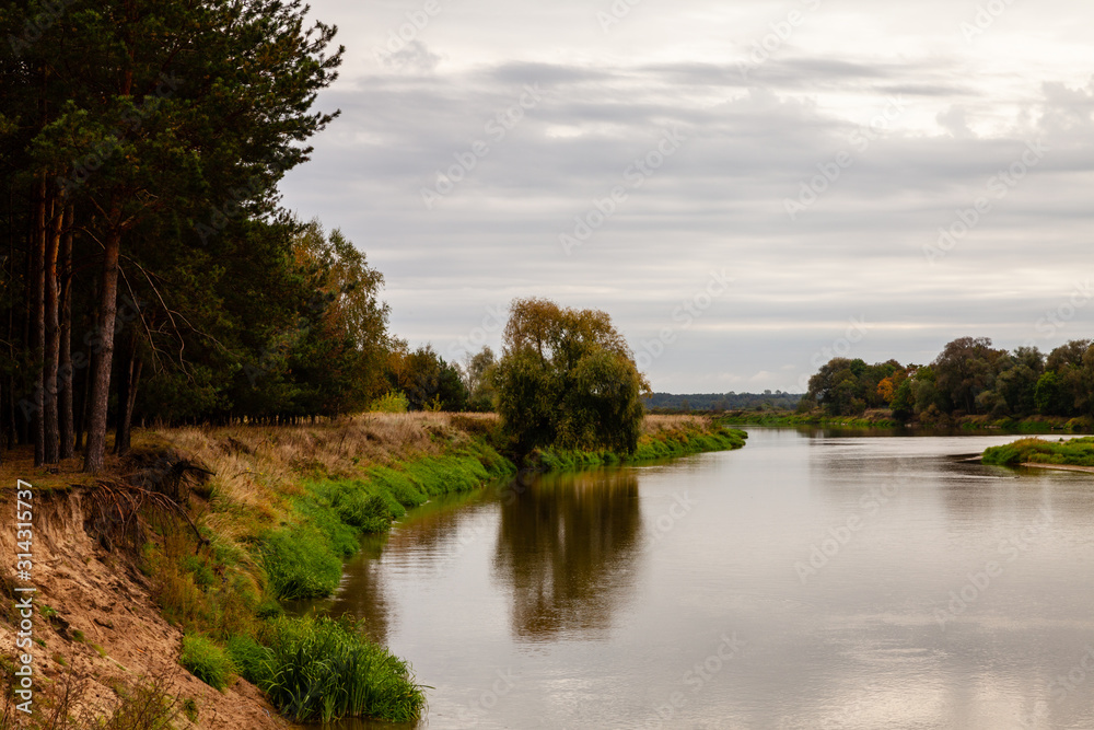 Calm water in river (Bug river in Poland), forest on the river bank. Grey, sad day. Calm water in river (Bug river in Poland), forest on the river bank. Grey, sad day.