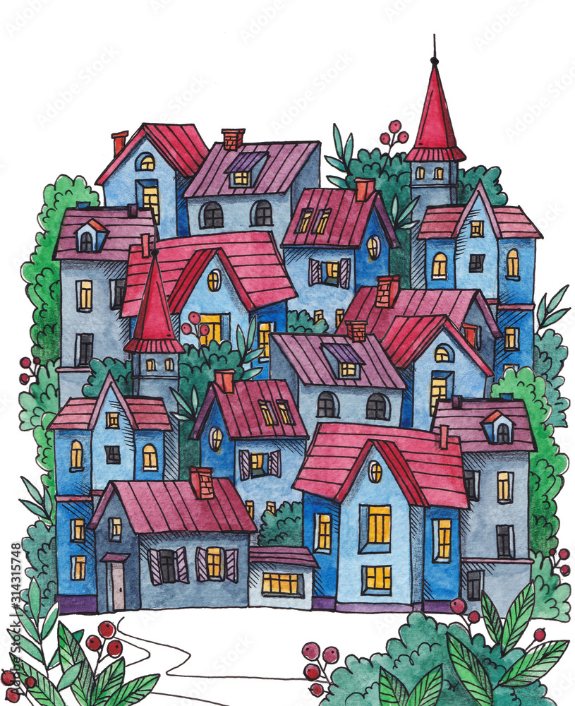 Naklejka premium watercolor illustration with houses, many buildings in the town