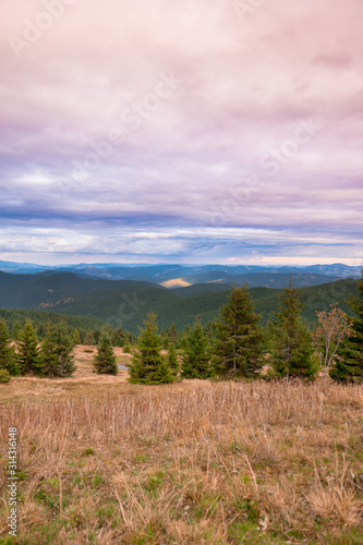 Summer landscape in mountains and the dark cloudy sky above.
