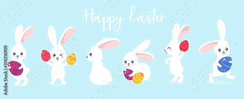 Happy easter greeting card with cure rabbits vector illustration. Template with white fluffy bunnies in different poses with colourful treat eggs cartoon design. Holiday and spring concept