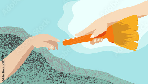 Flat hands with broom and polluted earth. Hand drawn portrait in Michelangelo style. Ecological problem illustration.