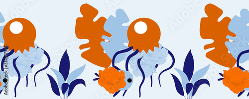 horizontal border with orange jellyfish  fish and flowers and colorful leaves