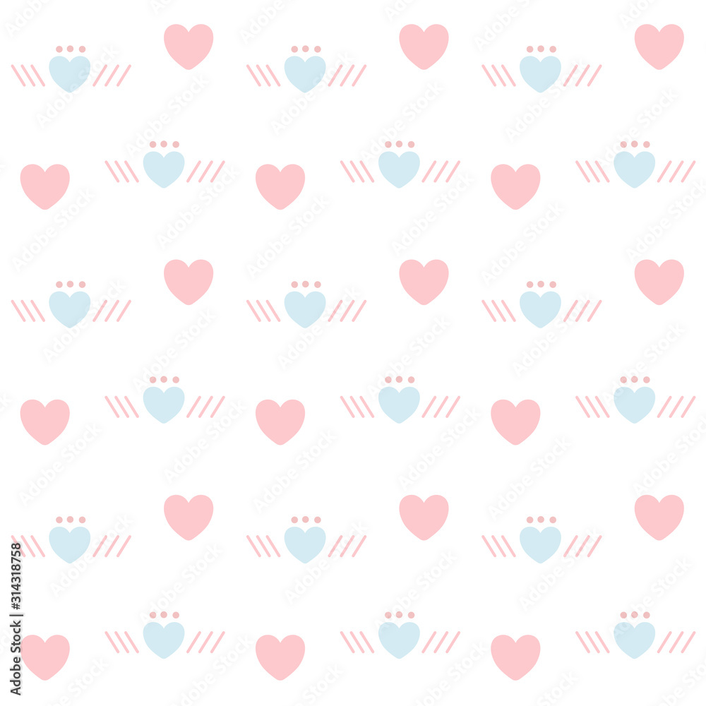 Seamless pink and blue heart with wing and dot isolated on white background, vector illustration